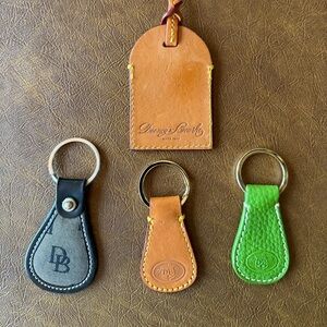 Dooney & Bourke Tan Leather Luggage Tag with Black, Tan and Green Key Fobs